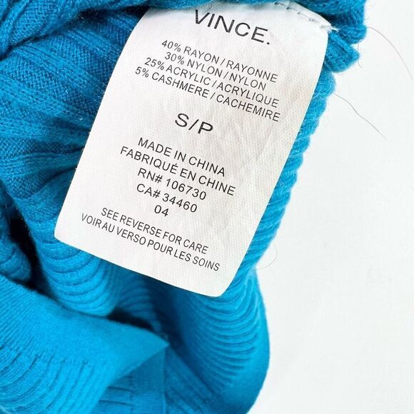 Vince Top Womens Small Blue Bay Ribbed Stretchy Fitted Cashmere Blend Sweater - Picture 8 of 9